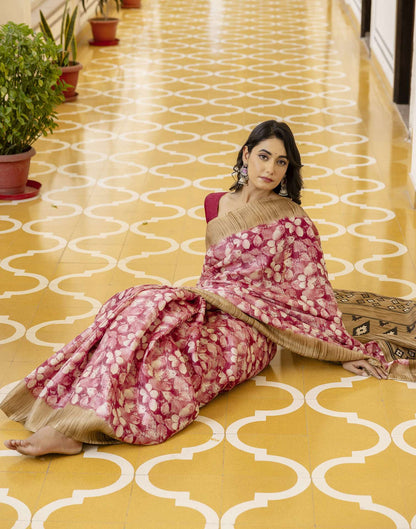 Pink Cotton Blend Printed Saree
