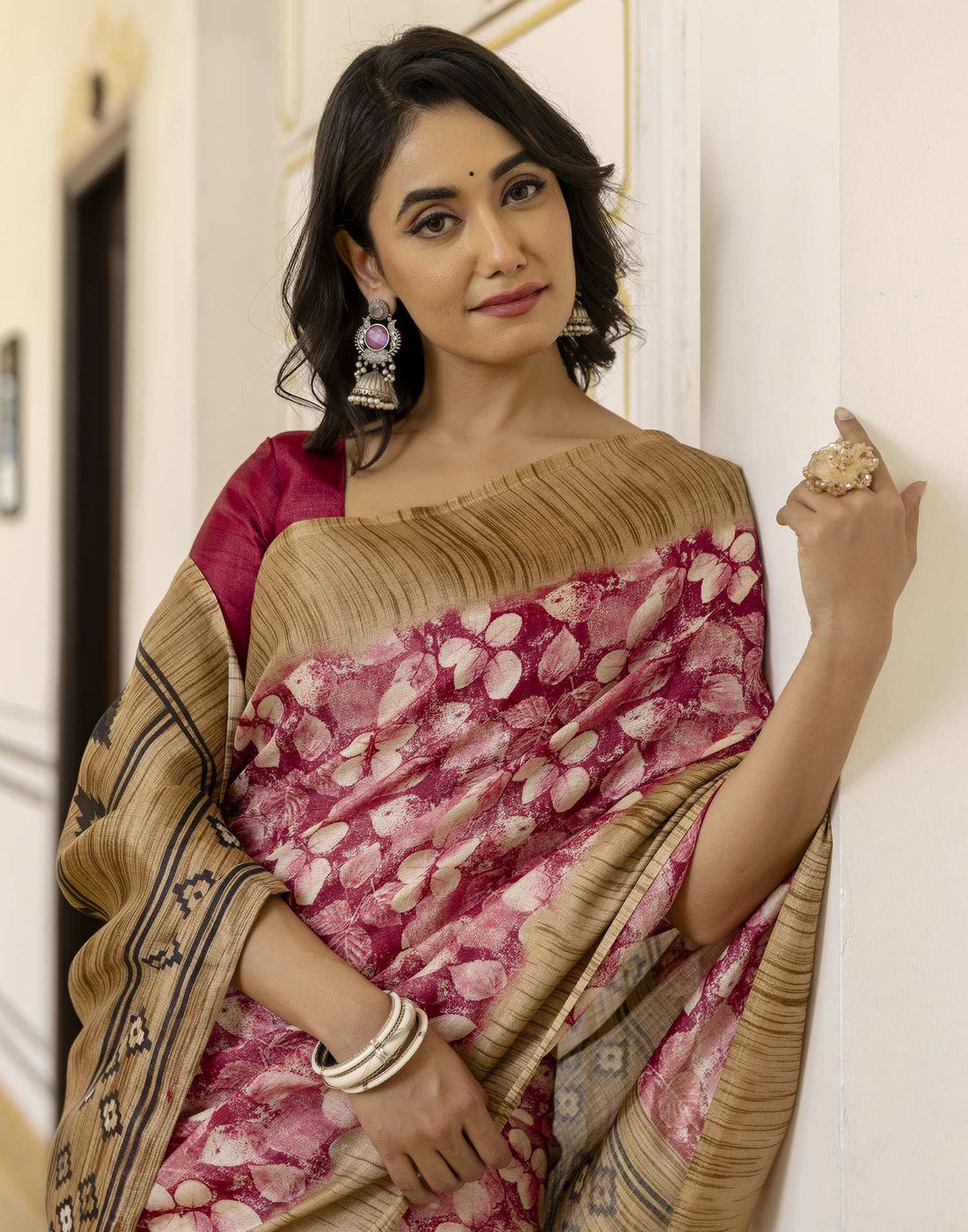 Pink Cotton Blend Printed Saree
