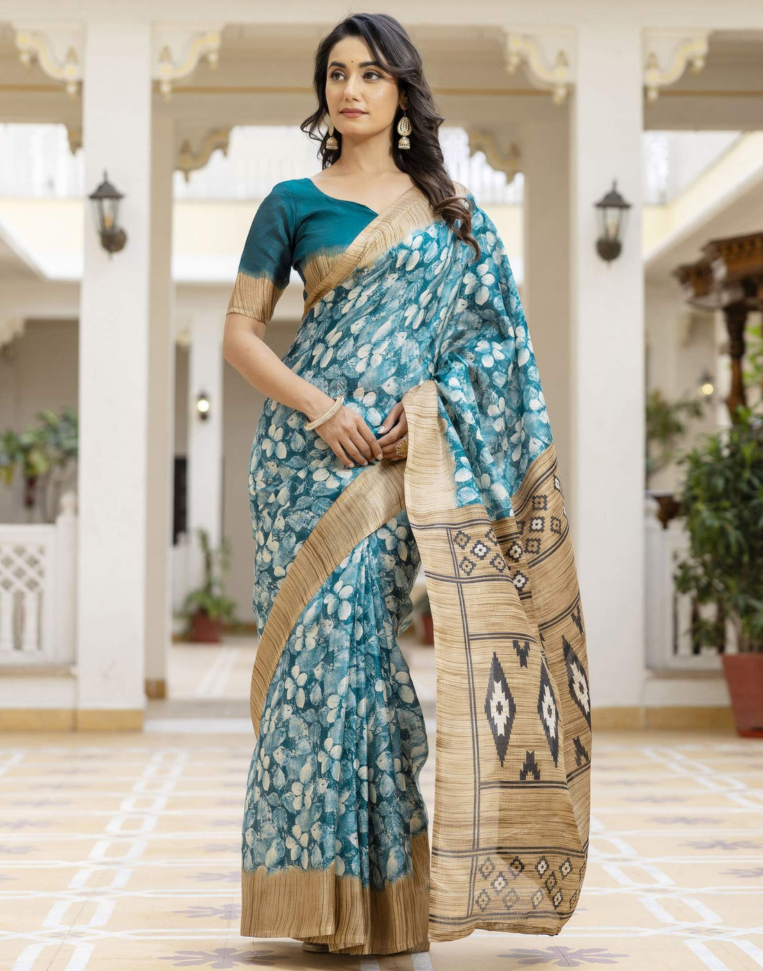 Teal Blue Cotton Blend Printed Saree