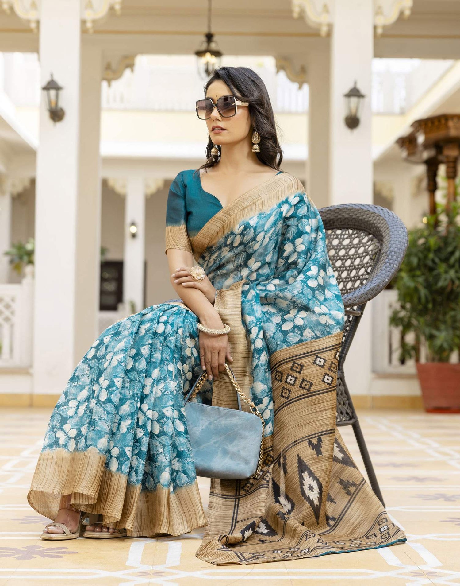 Teal Blue Cotton Blend Printed Saree