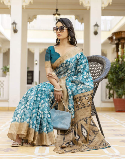 Teal Blue Cotton Blend Printed Saree