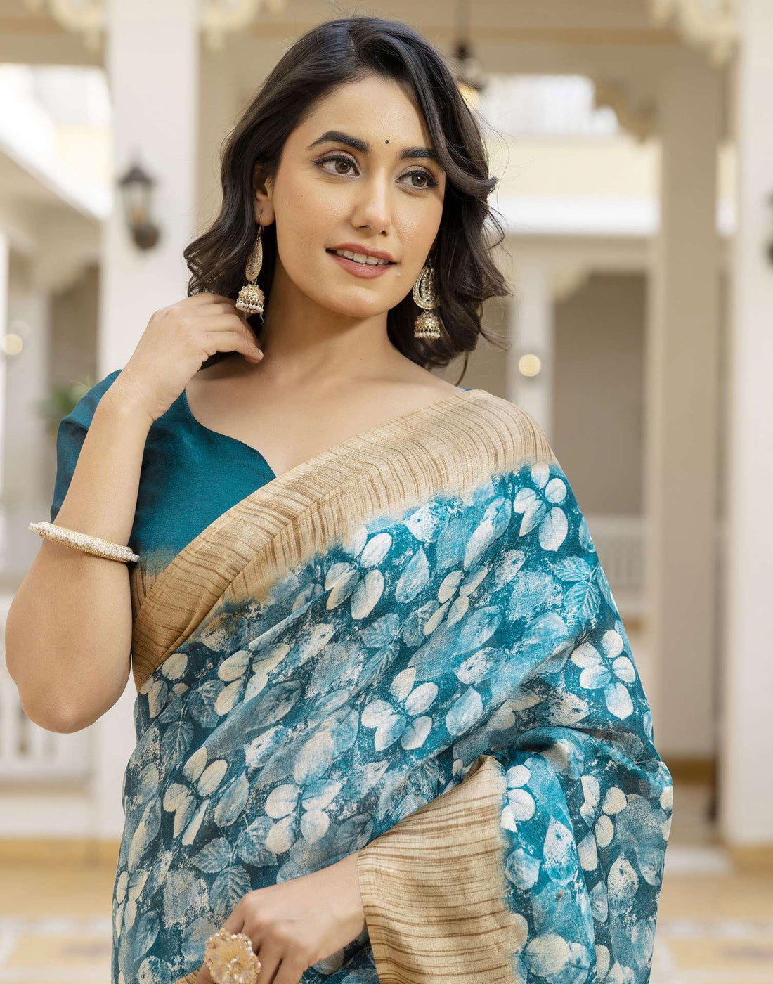 Teal Blue Cotton Blend Printed Saree