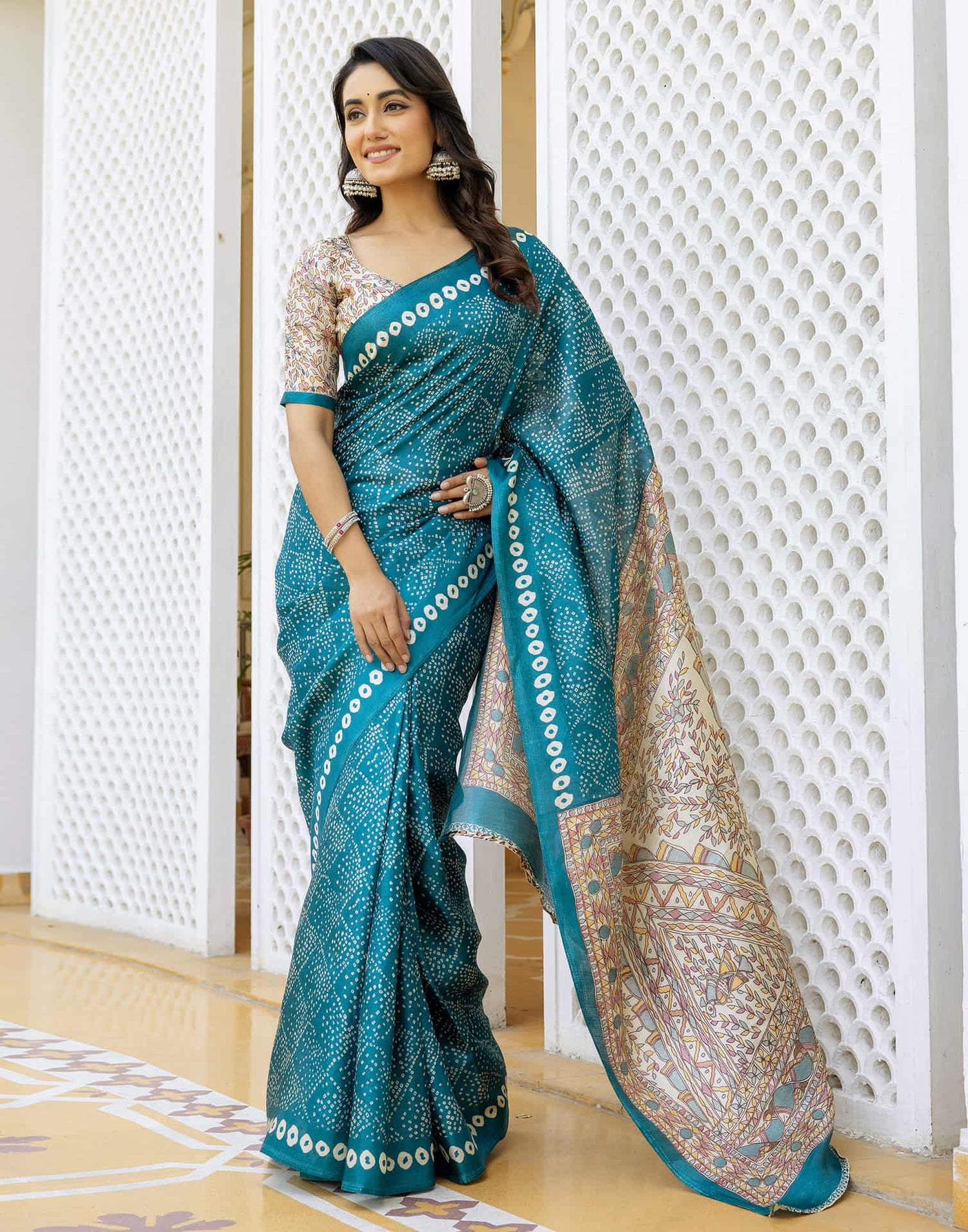 Teal Blue Cotton Blend Bandhani Printed Saree