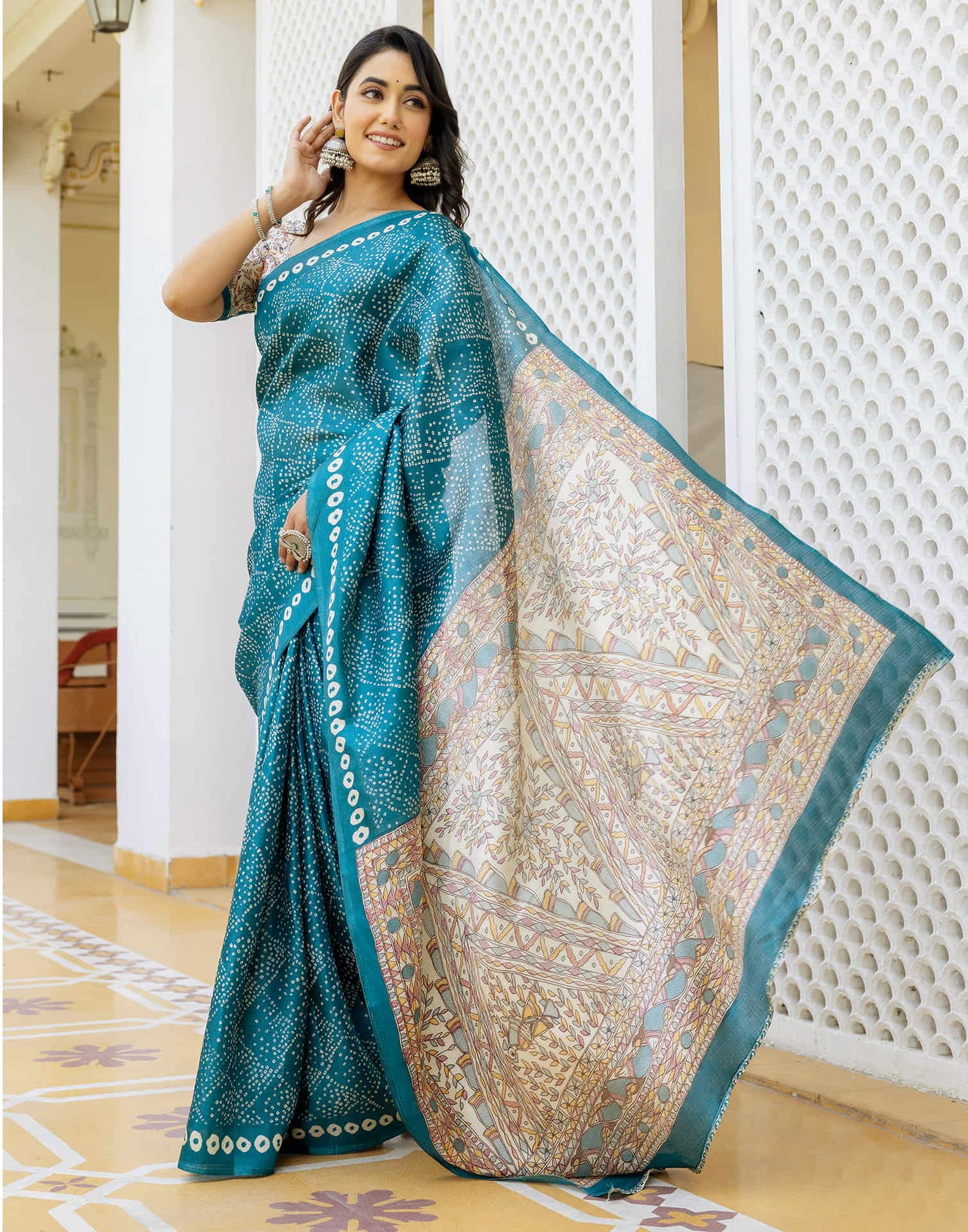 Teal Blue Cotton Blend Bandhani Printed Saree