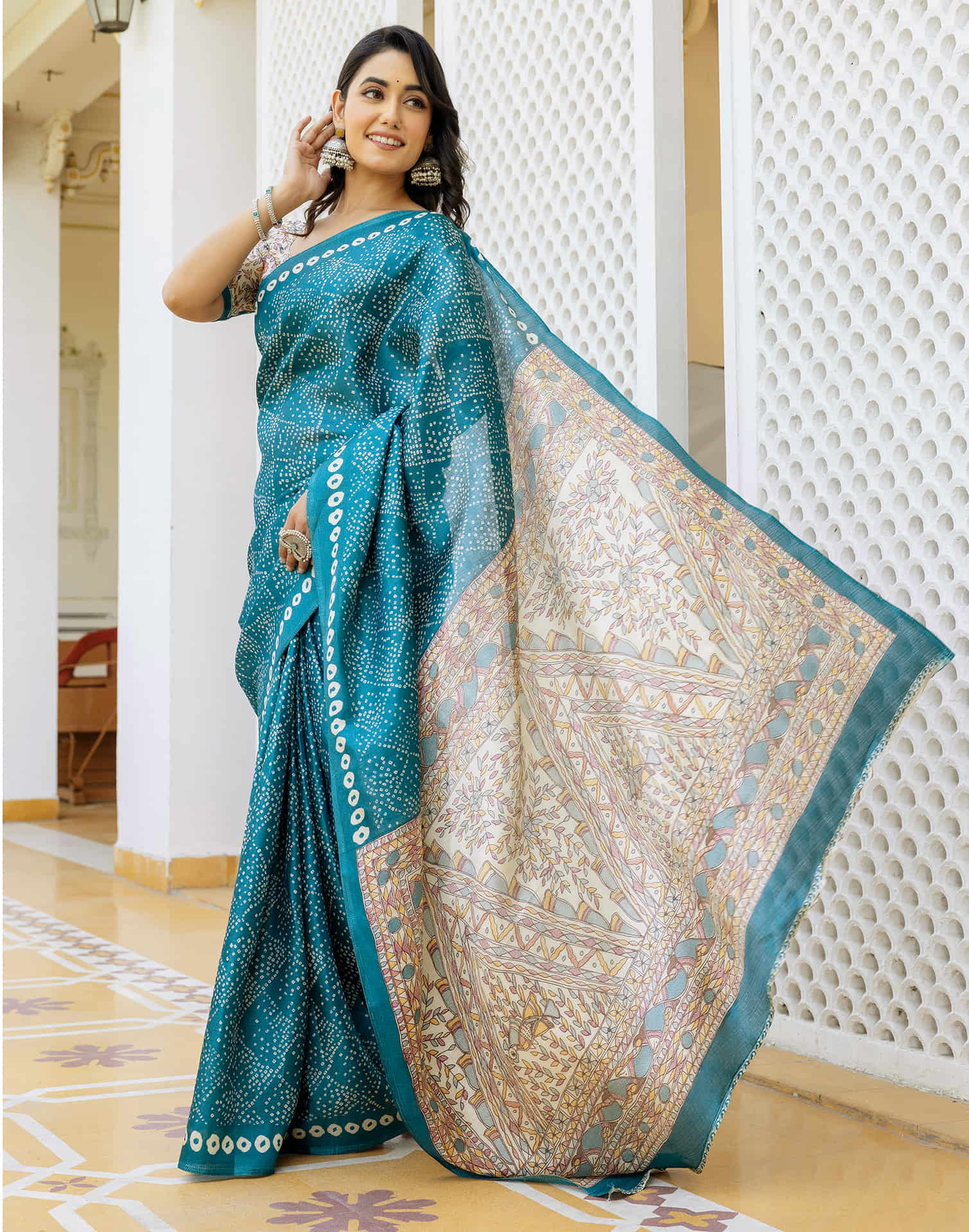 Teal Blue Cotton Blend Bandhani Printed Saree