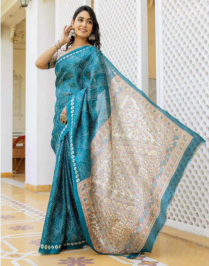 Teal Blue Cotton Blend Bandhani Printed Saree