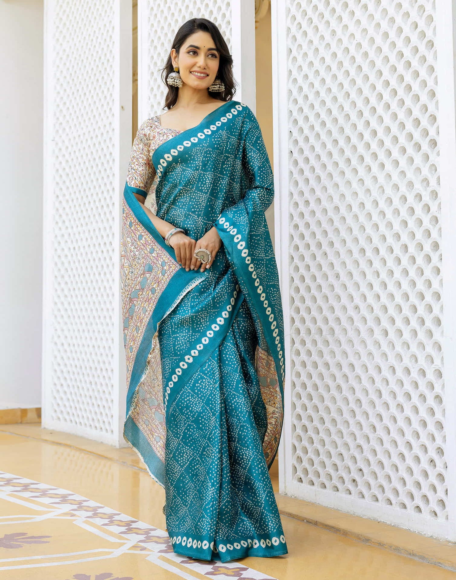 Teal Blue Cotton Blend Bandhani Printed Saree