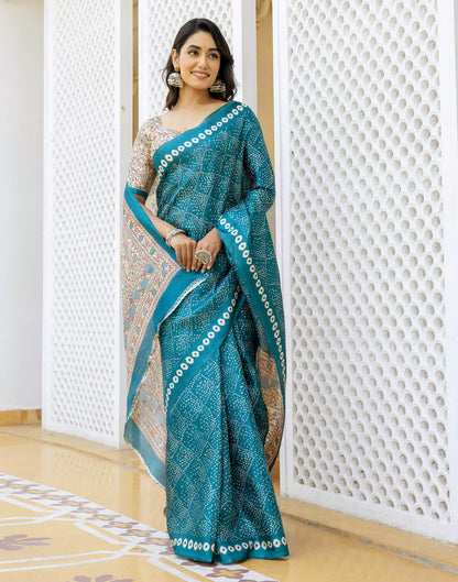 Teal Blue Cotton Blend Bandhani Printed Saree