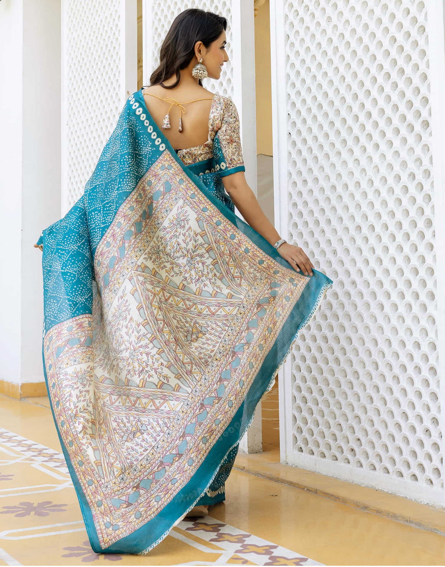 Teal Blue Cotton Blend Bandhani Printed Saree