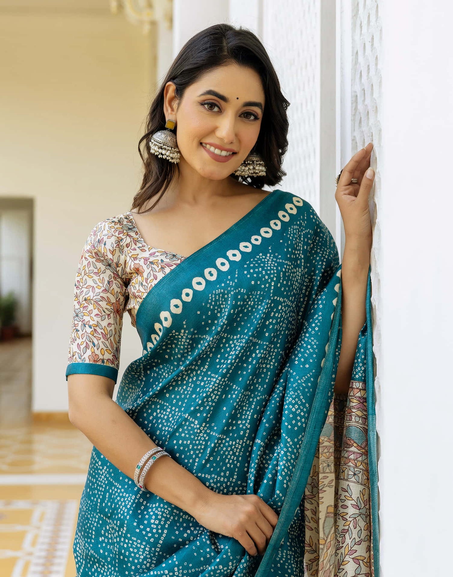 Teal Blue Cotton Blend Bandhani Printed Saree