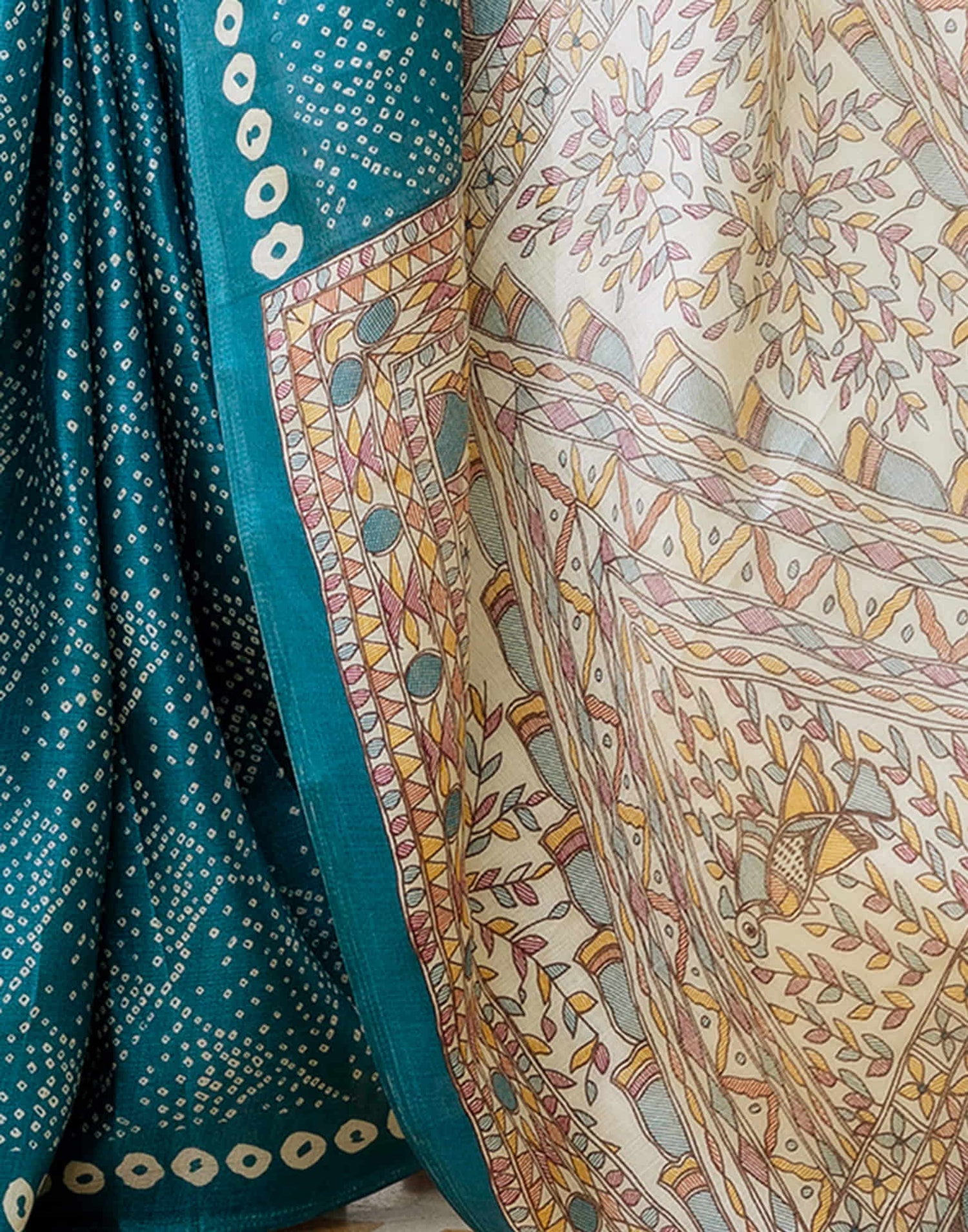 Teal Blue Cotton Blend Bandhani Printed Saree