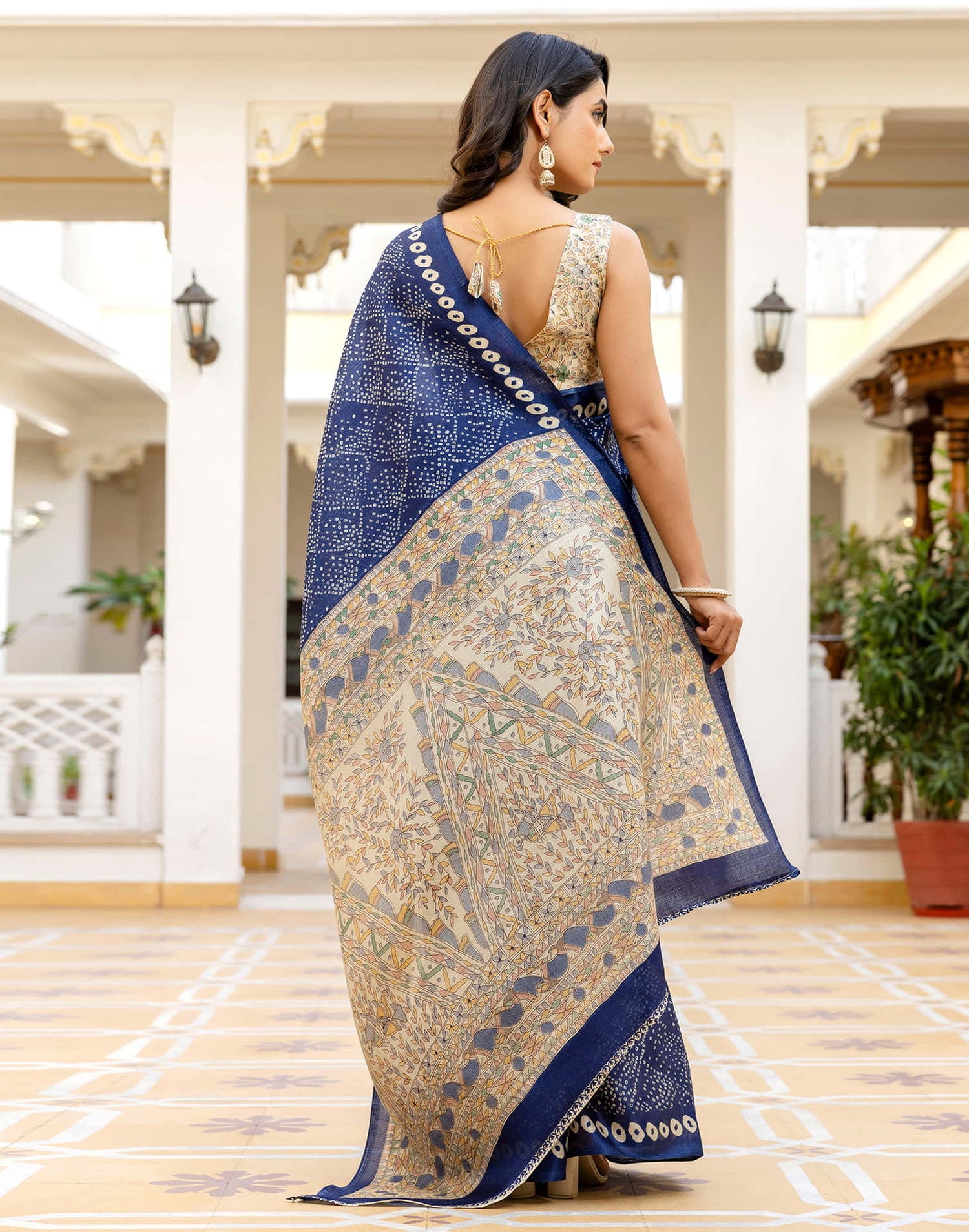 Dark Blue Cotton Blend Bandhani Printed Saree