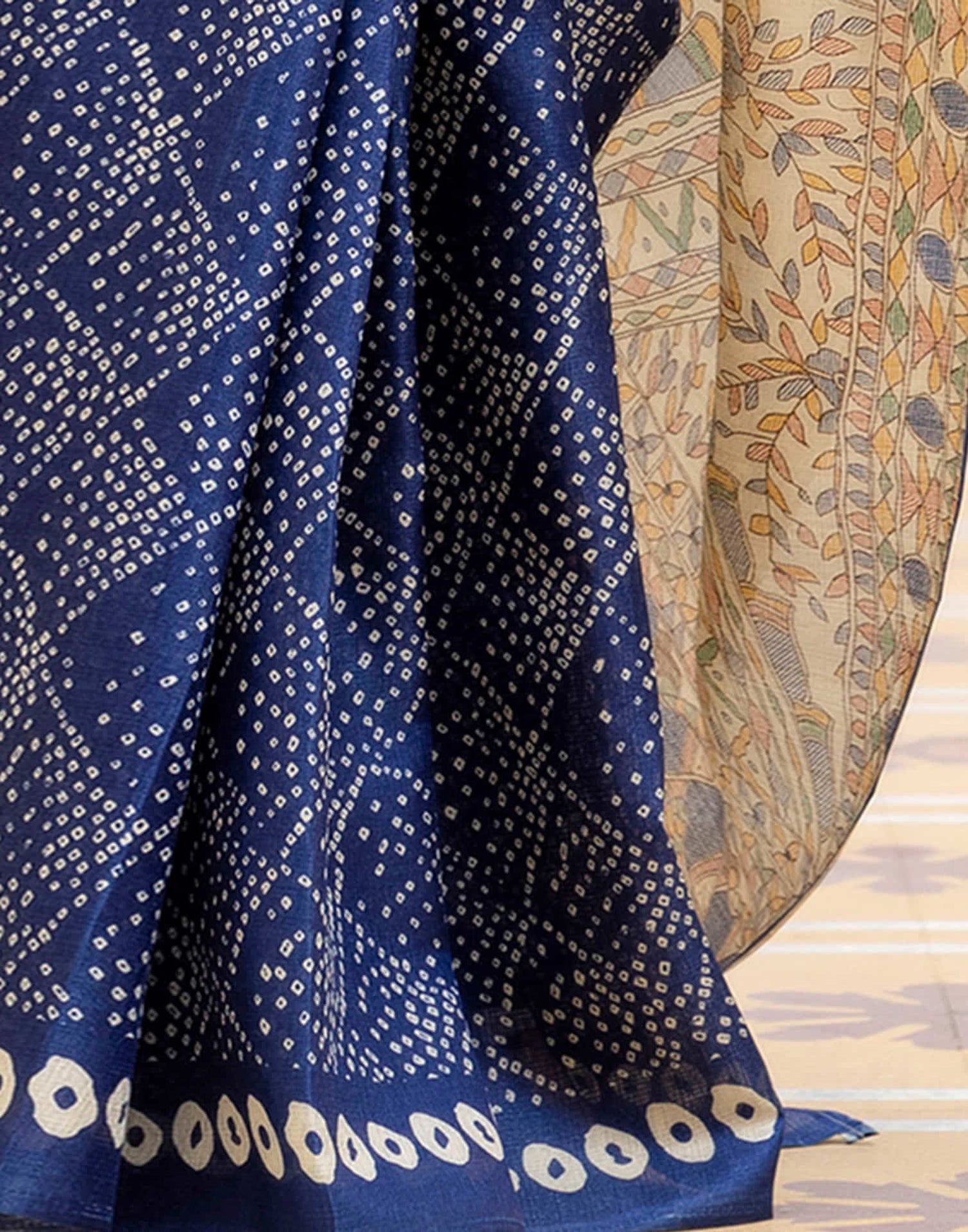 Dark Blue Cotton Blend Bandhani Printed Saree