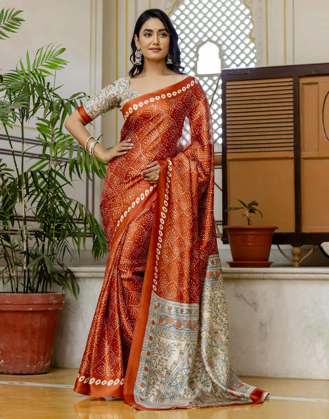 Dark Orange Cotton Blend Bandhani Printed Saree