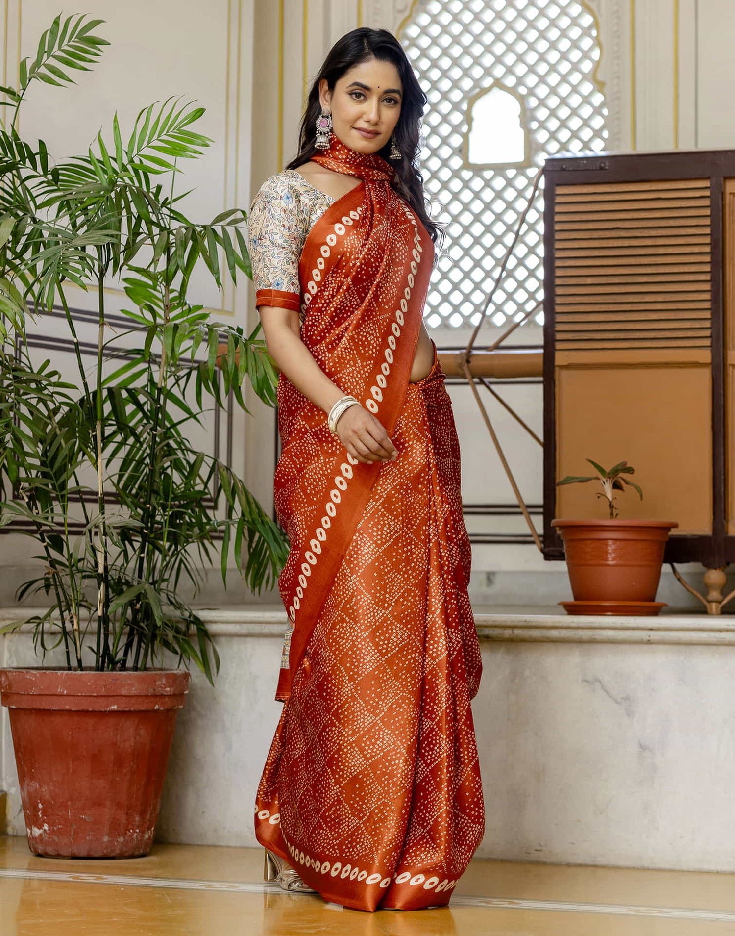 Dark Orange Cotton Blend Bandhani Printed Saree