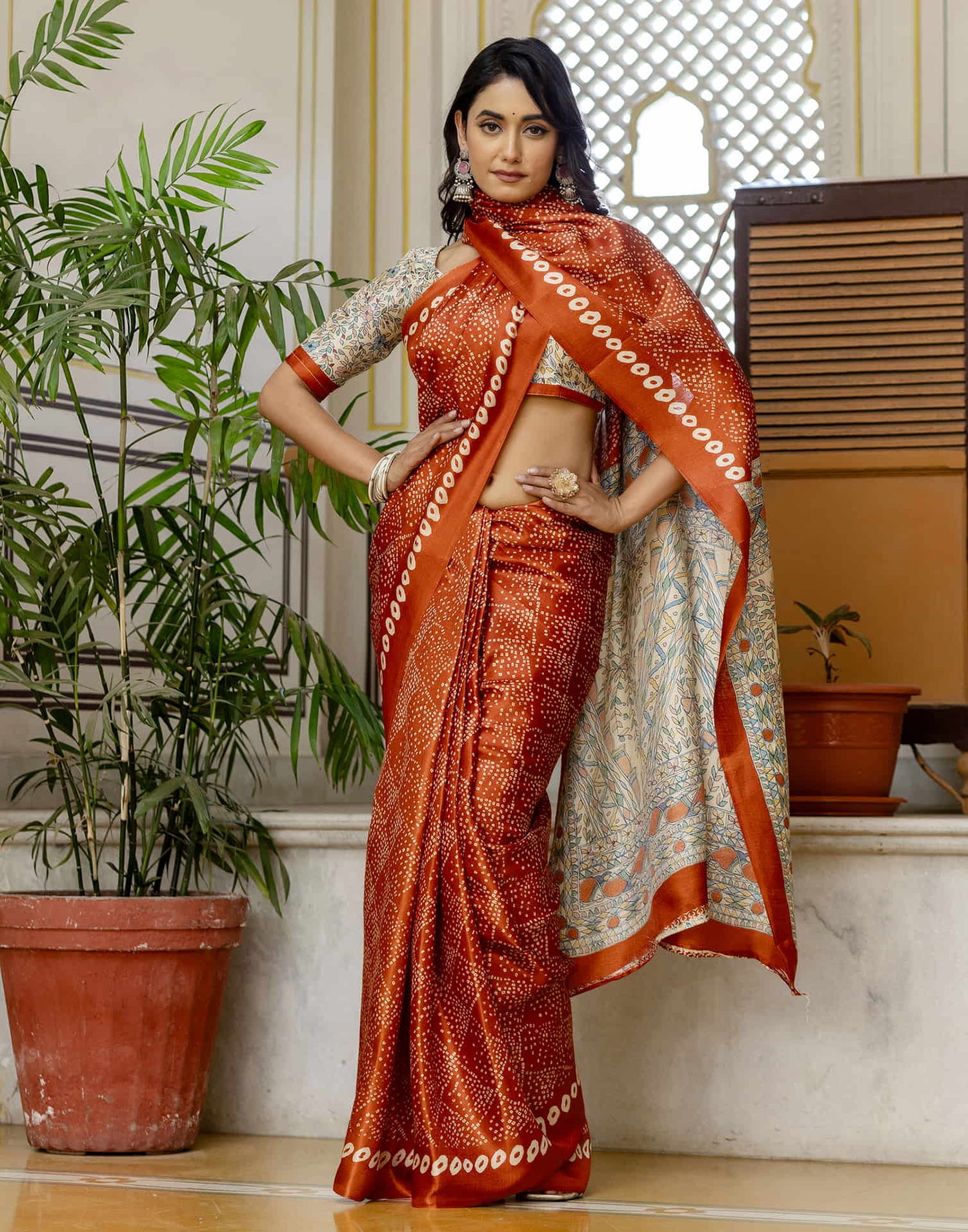 Dark Orange Cotton Blend Bandhani Printed Saree