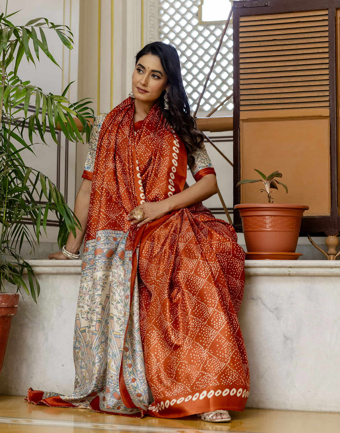 Dark Orange Cotton Blend Bandhani Printed Saree