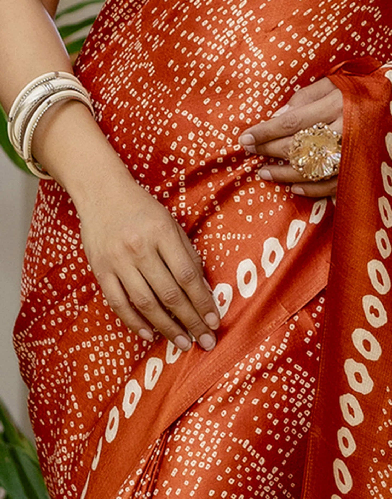 Dark Orange Cotton Blend Bandhani Printed Saree