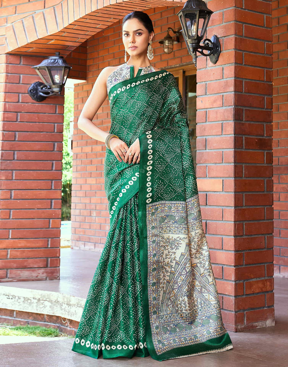 Dark Green Cotton Blend Bandhani Printed Saree