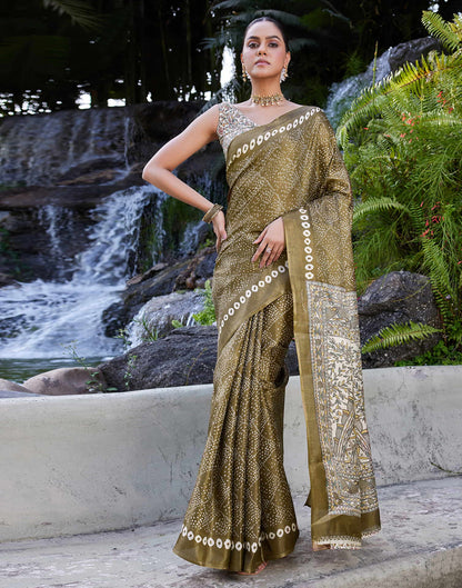 khaki Cotton Blend Bandhani Printed Saree