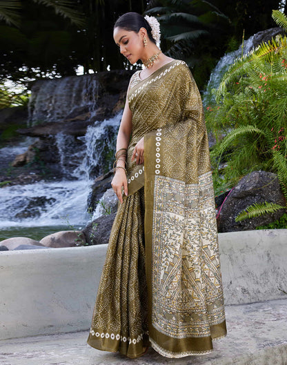 khaki Cotton Blend Bandhani Printed Saree
