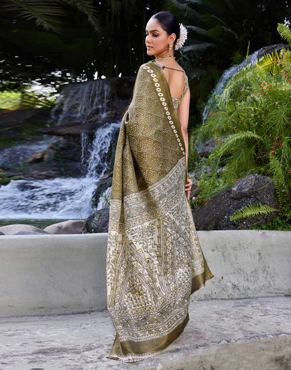 khaki Cotton Blend Bandhani Printed Saree