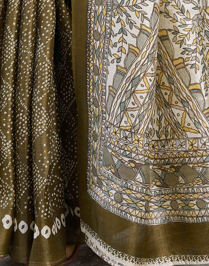 khaki Cotton Blend Bandhani Printed Saree