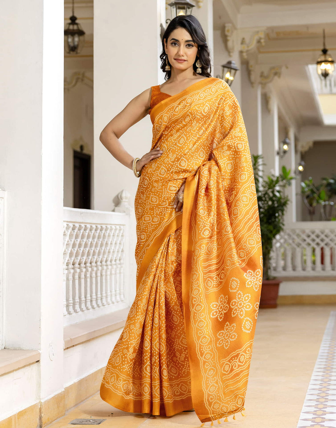 Turmeric Yellow Cotton Blend Bandhani Printed Saree