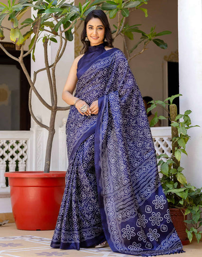 Navy Blue Cotton Blend Bandhani Printed Saree