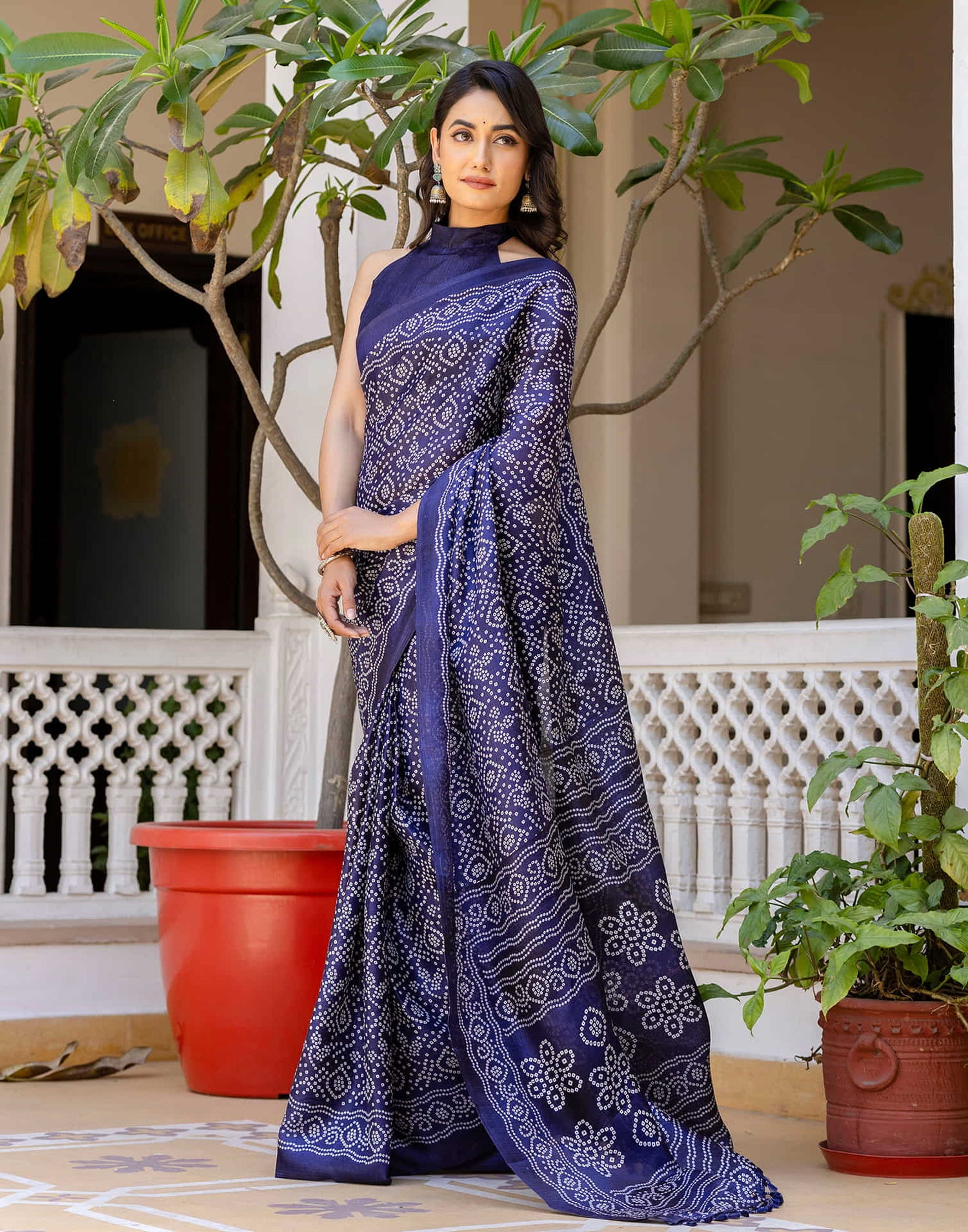 Navy Blue Cotton Blend Bandhani Printed Saree