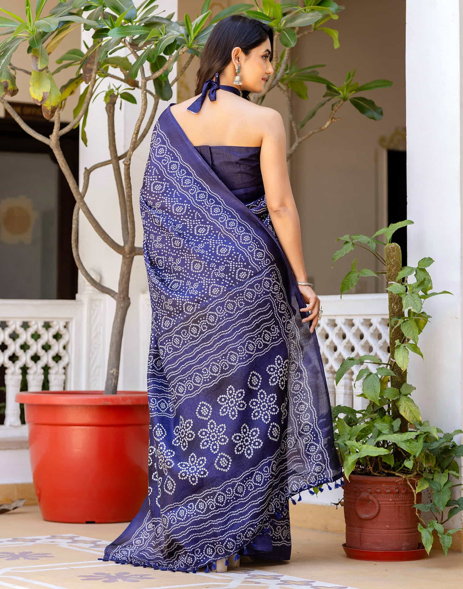 Navy Blue Cotton Blend Bandhani Printed Saree