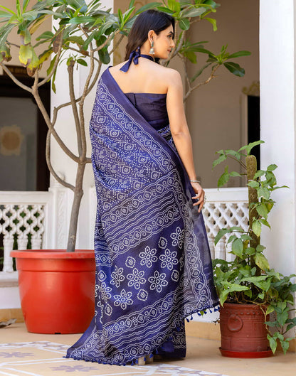 Navy Blue Cotton Blend Bandhani Printed Saree