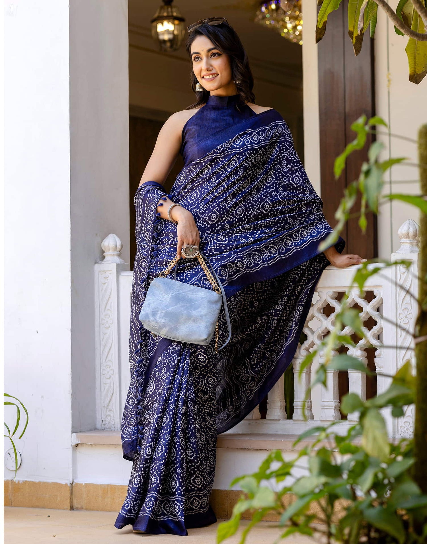 Navy Blue Cotton Blend Bandhani Printed Saree