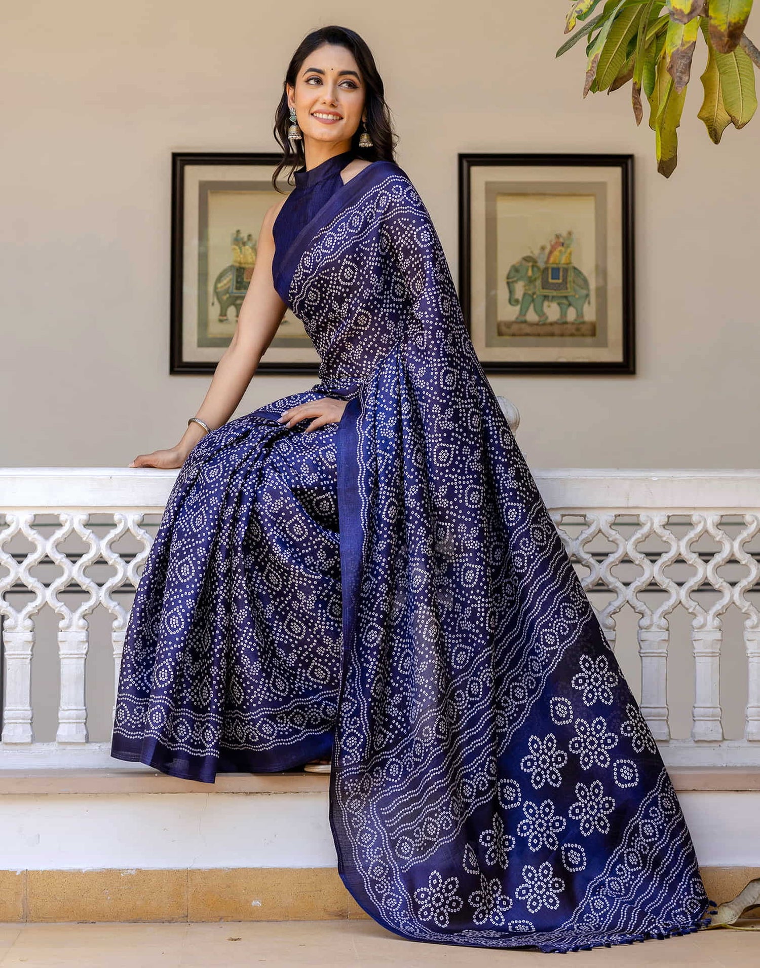 Navy Blue Cotton Blend Bandhani Printed Saree