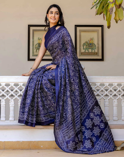 Navy Blue Cotton Blend Bandhani Printed Saree