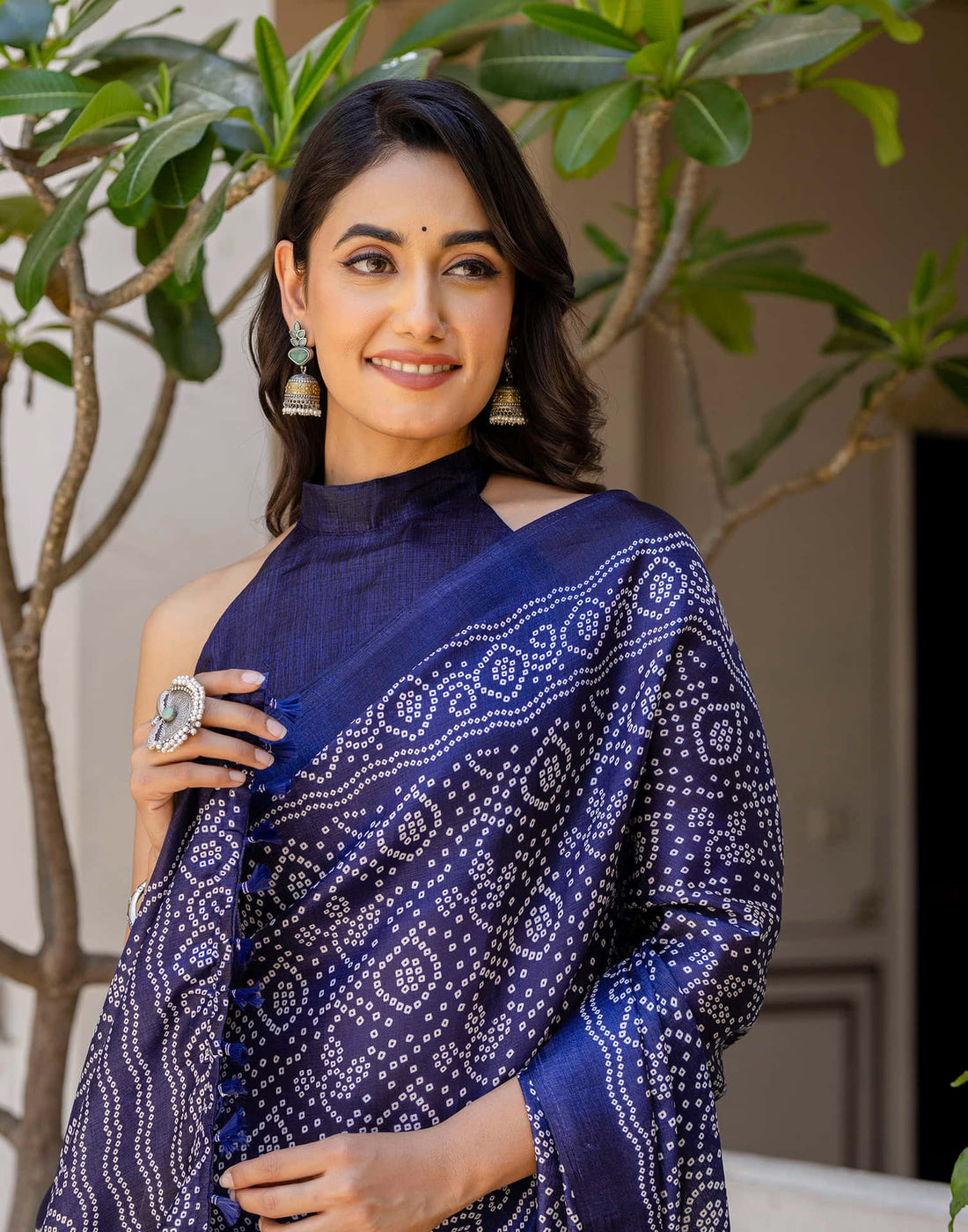 Navy Blue Cotton Blend Bandhani Printed Saree