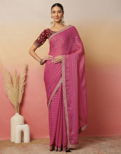 Pink Georgette Zari Stripe Lace Saree