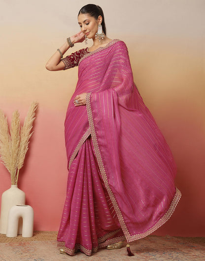 Pink Georgette Zari Stripe Lace Saree