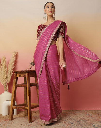 Pink Georgette Zari Stripe Lace Saree