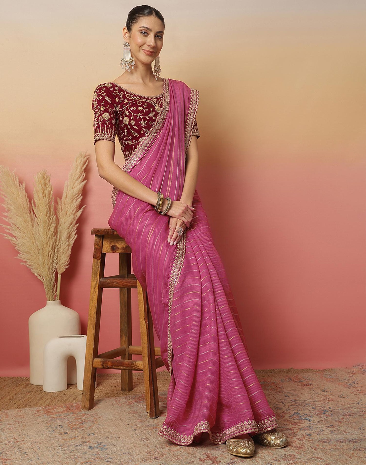 Pink Georgette Zari Stripe Lace Saree