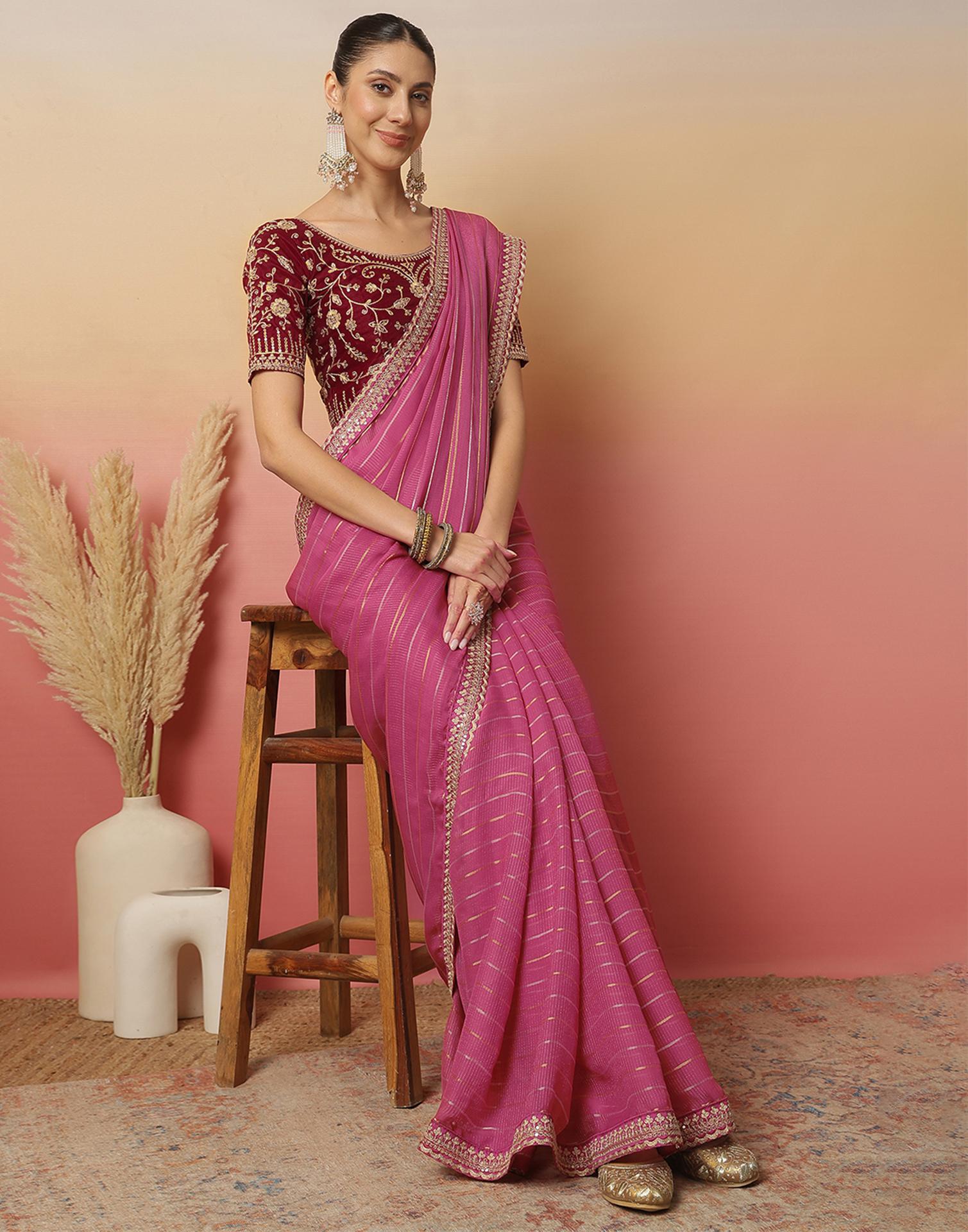 Pink Georgette Zari Stripe Lace Saree