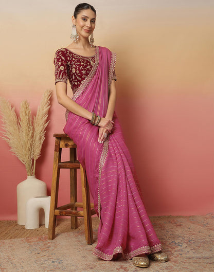 Pink Georgette Zari Stripe Lace Saree