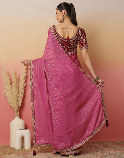 Pink Georgette Zari Stripe Lace Saree