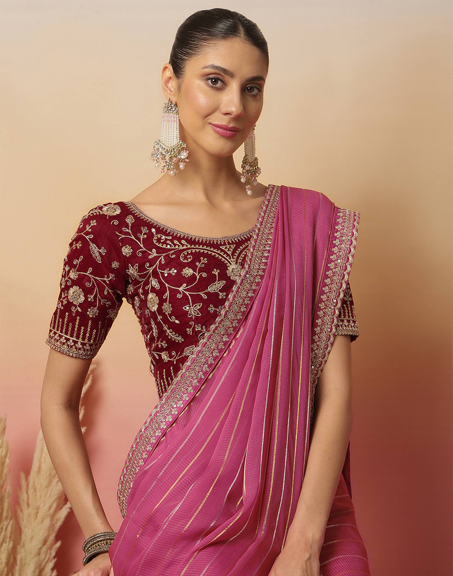 Pink Georgette Zari Stripe Lace Saree