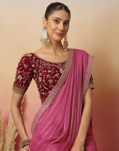 Pink Georgette Zari Stripe Lace Saree