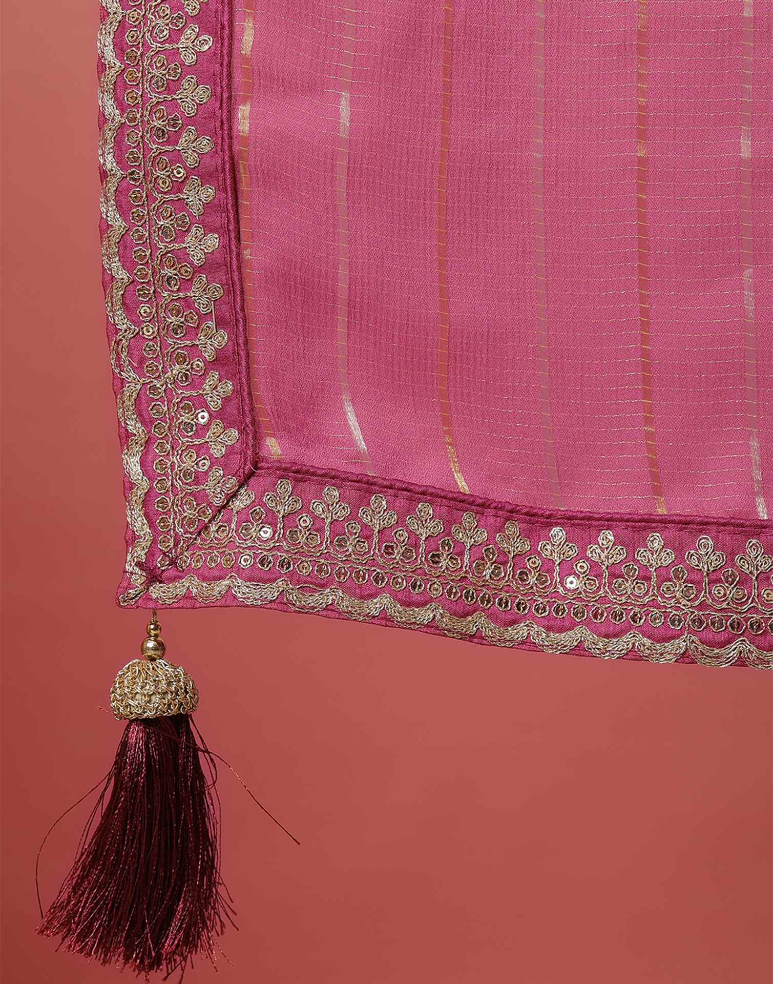 Pink Georgette Zari Stripe Lace Saree
