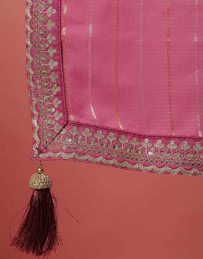 Pink Georgette Zari Stripe Lace Saree