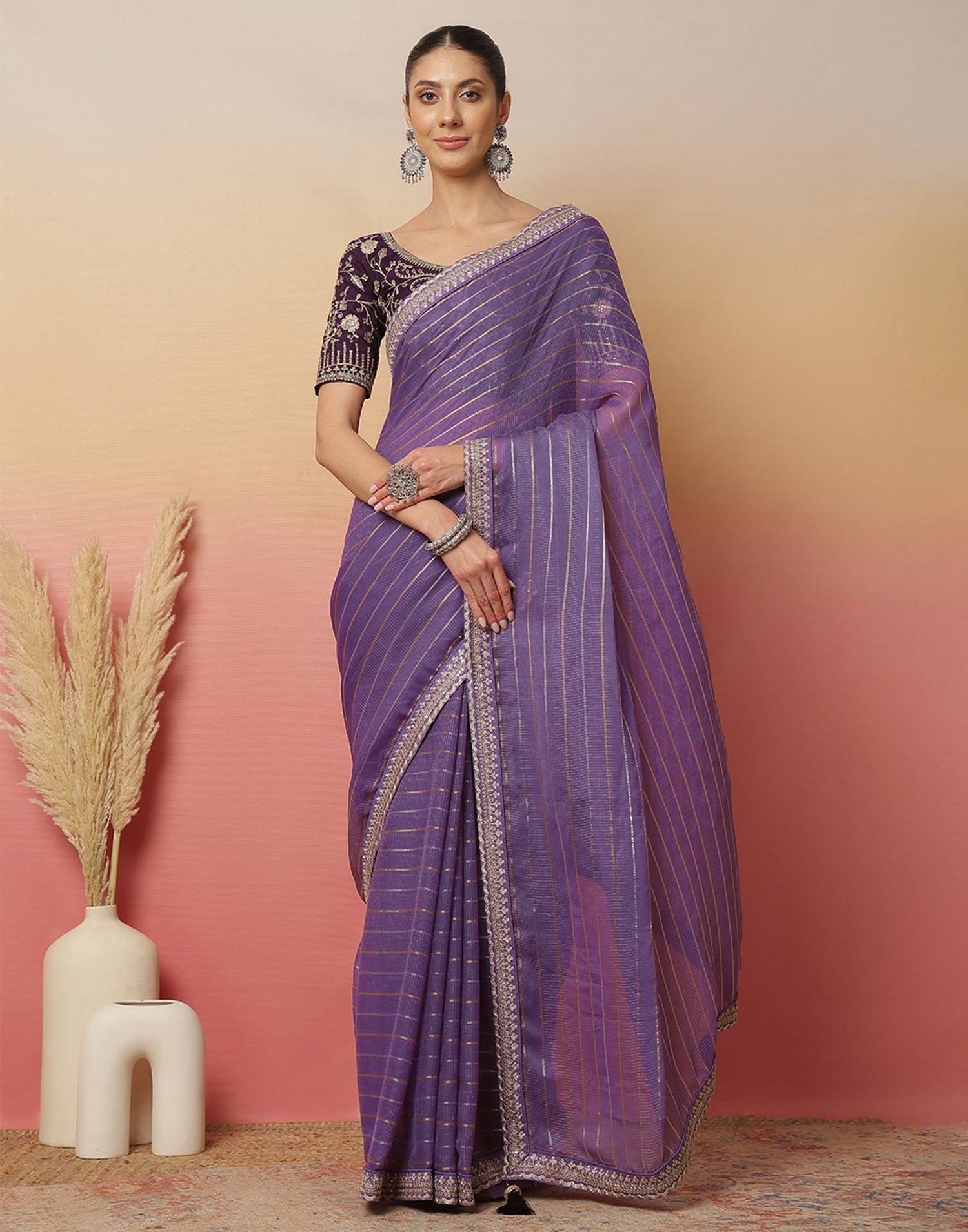 Light Dusty Purple Georgette Zari Stripe Lace Saree