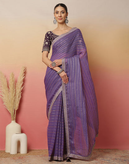 Light Dusty Purple Georgette Zari Stripe Lace Saree