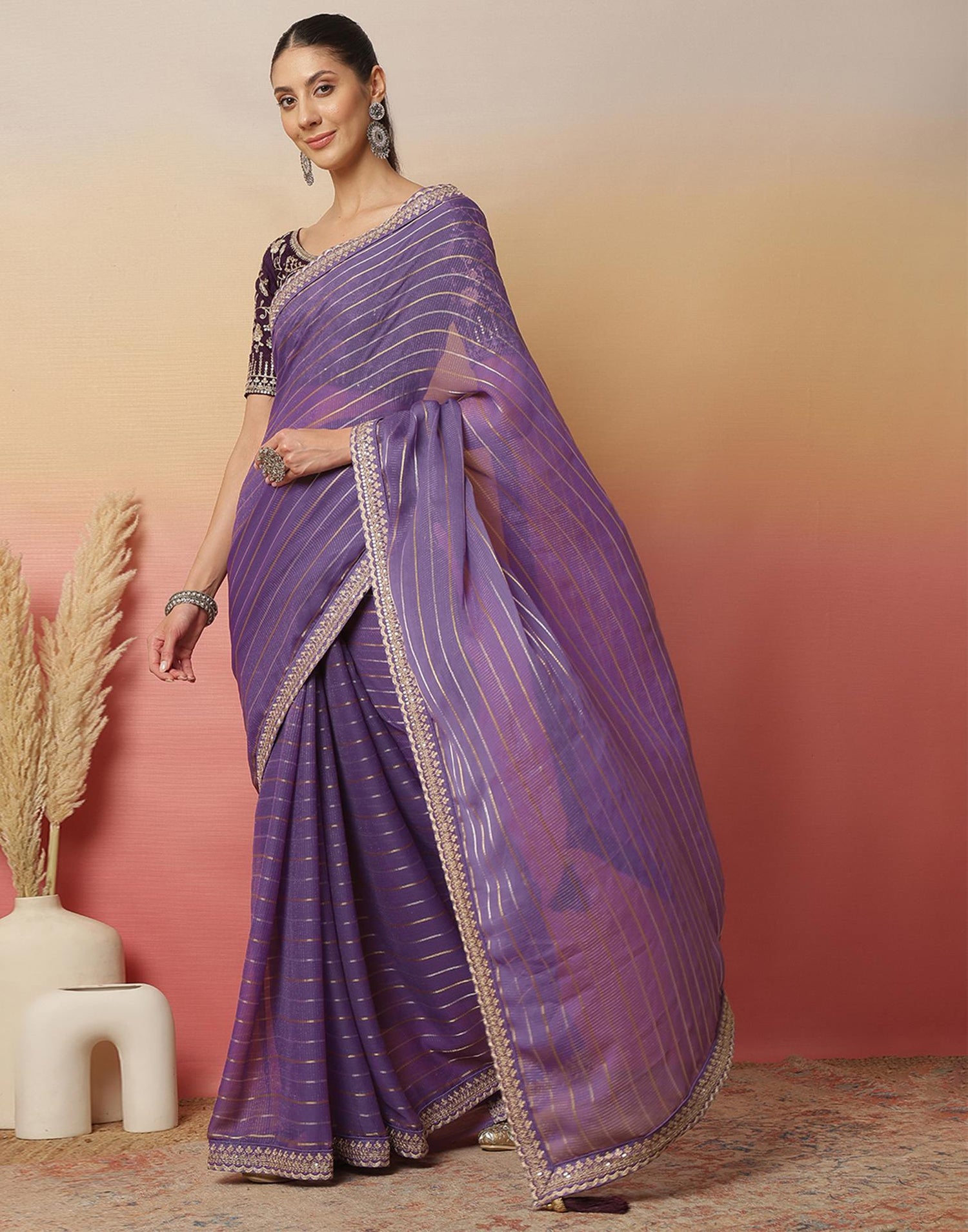 Light Dusty Purple Georgette Zari Stripe Lace Saree